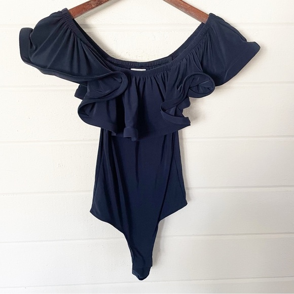 Misa Los Angeles Tops - MISA Los Angeles Women's Navy Lyda Stretch Crepe Ruffle Bodysuit Size Small